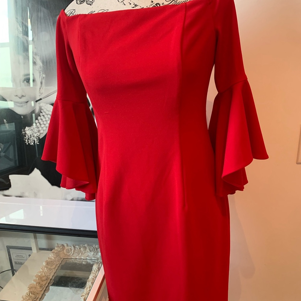 Calvin Klein Red Sheath Dress with Bell Sleeves